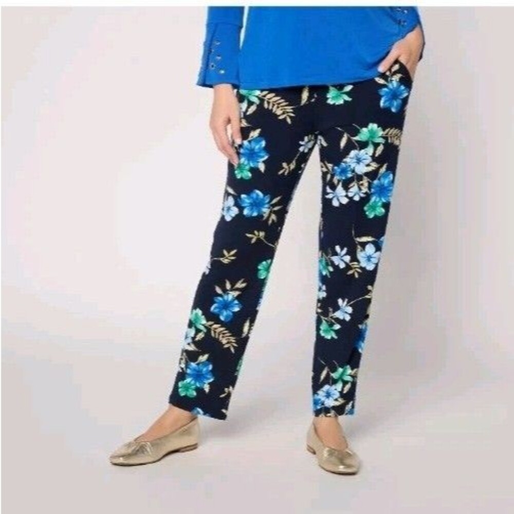 Susan Graver Liquid Knit Pants Floral Print Slim Leg Size 2X Pockets Pull On